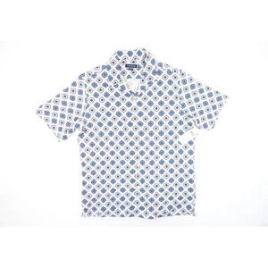 CLUB ROOM GEO PRINT BLUE BEIGE SILK BLEND SHORT SLEEVE BUTTON FRONT SHIRT NEW